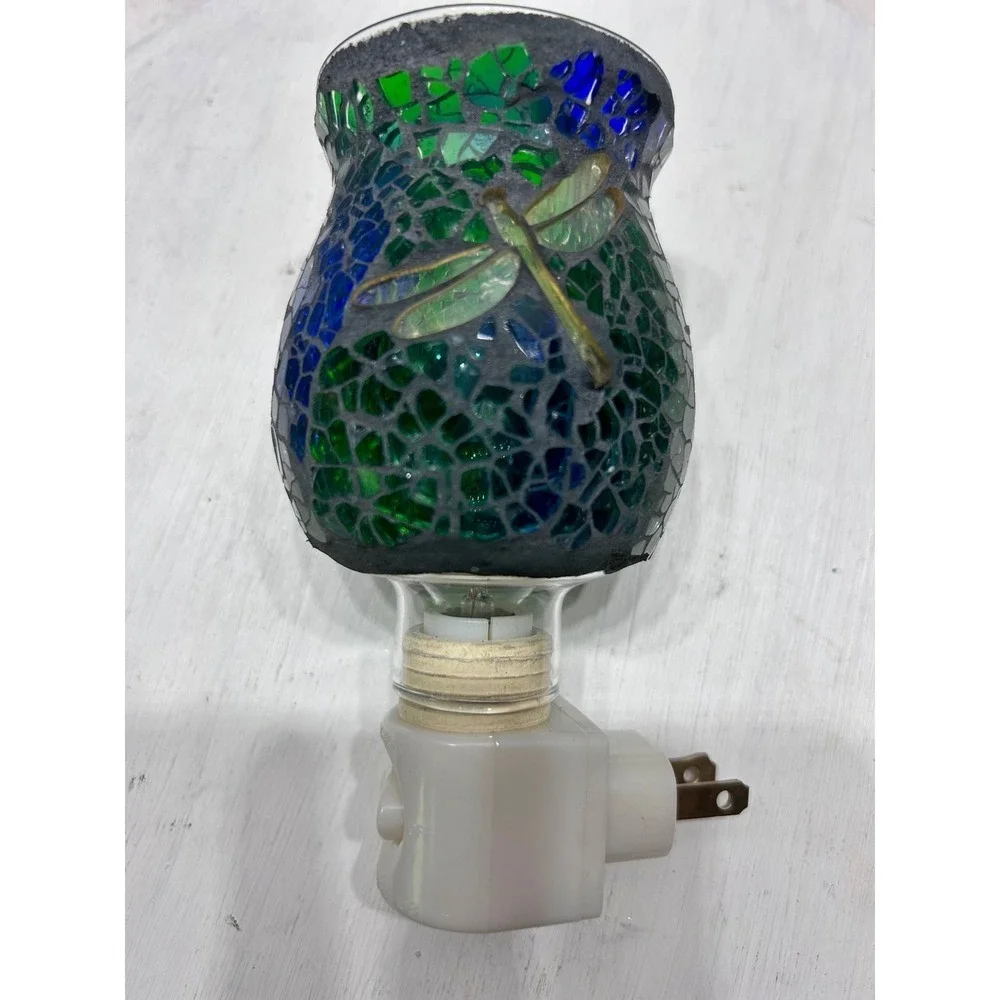 Mosaic Glass Dragonfly Wax Warmer Night Light Green Blue Stained Glass Plug In